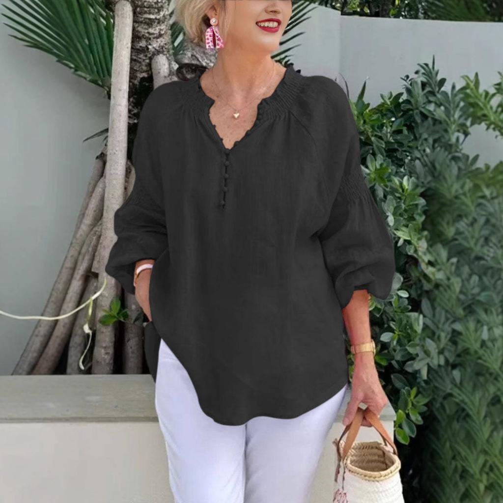 Women’s Polo-neck V-neck Plain Cotton-linen Long-sleeved Casual Top