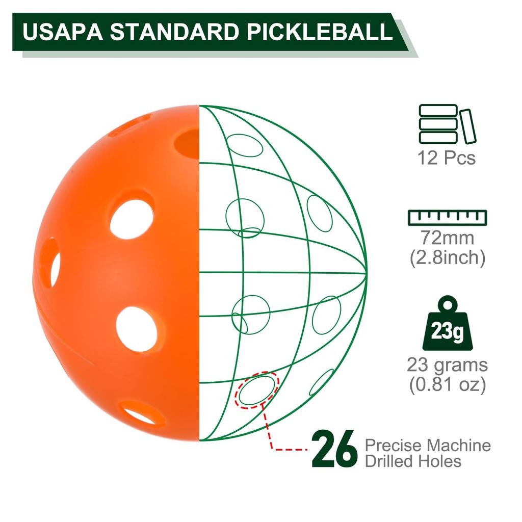 PATIKIL Outdoor Pickleball Balls 26 Holes Pickleball 12 Pack Orange for Amateur Indoor and Outdoor Sports