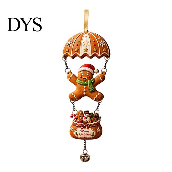 Holiday Wall Hanging Decor Christmas Skydiving Santa Claus/Gingerbread Man Ornament, 2D Flat Wooden Pendant with Festive Tree Pendants String and Bell