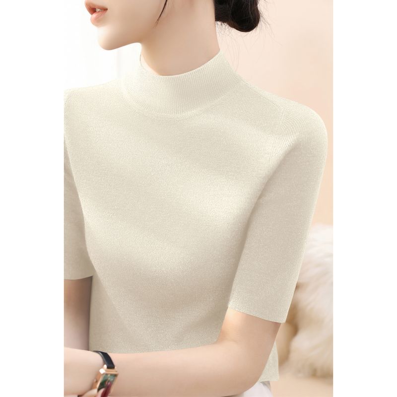 

Spring High-Grade Mid-Sleeve Versatile Slim fit Base Top Fashion New Half-high Collar Fleece Pullover Knit Women Meters apricot 2XL