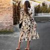 Autumn Winter Women Casual Dress Long Sleeve V Neck Print A Line Knee Length High Waist