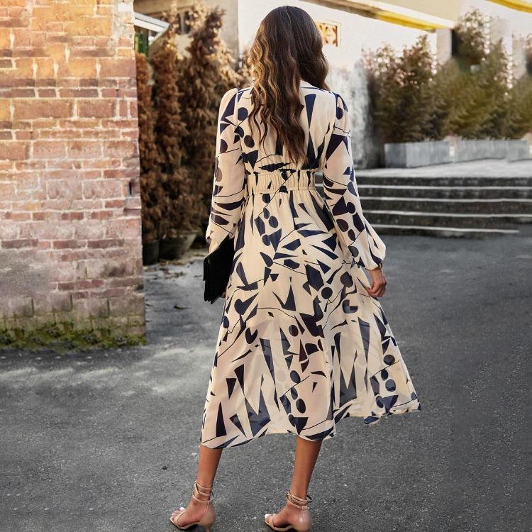 Autumn Winter Women Casual Dress Long Sleeve V Neck Print A Line Knee Length High Waist