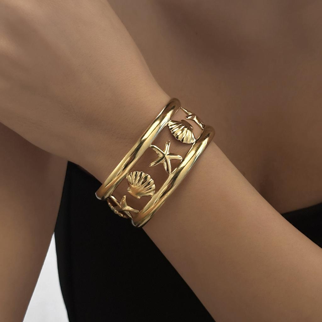 Stainless Steel Metal Shell Starfish Bracelet for Women Vintage Exaggerated Flower Wide Cuff Bangle Girls Beach Party Jewelry