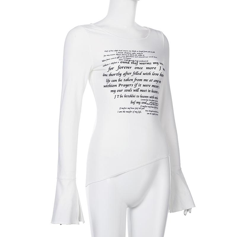 Kryddig tjej basic stickad slim fit rund hals bokstavstryckt slits långärmad T-shirt för kvinnor