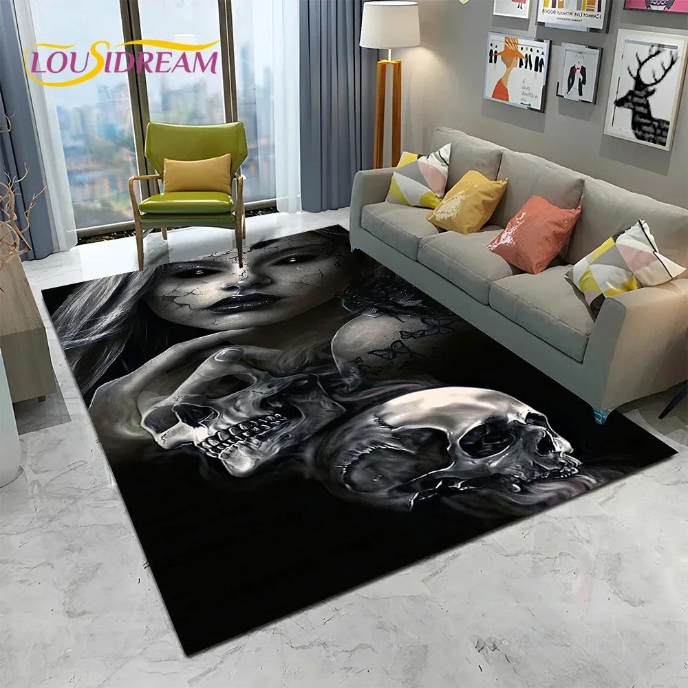 Horror Gothic Female Skull Dead Girl Teppich Teppich für Zuhause Wohnzimmer Schlafzimmer Sofa Fußmatte Dekor, Kinderbereich Teppich rutschfeste Bodenmatte