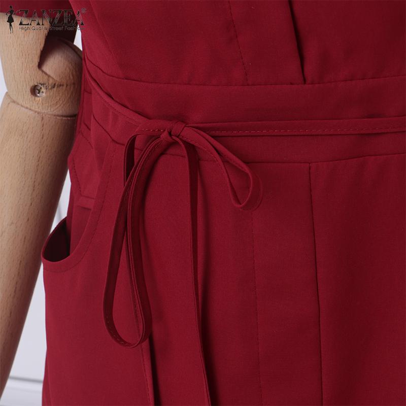 ZANZEA Women Casual Turn Down Collar Summer Short Sleeve Plain Dress