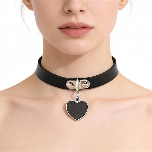 Unisex European Punk Black Leather Choker with Metal Chain and Lock Pendant.
