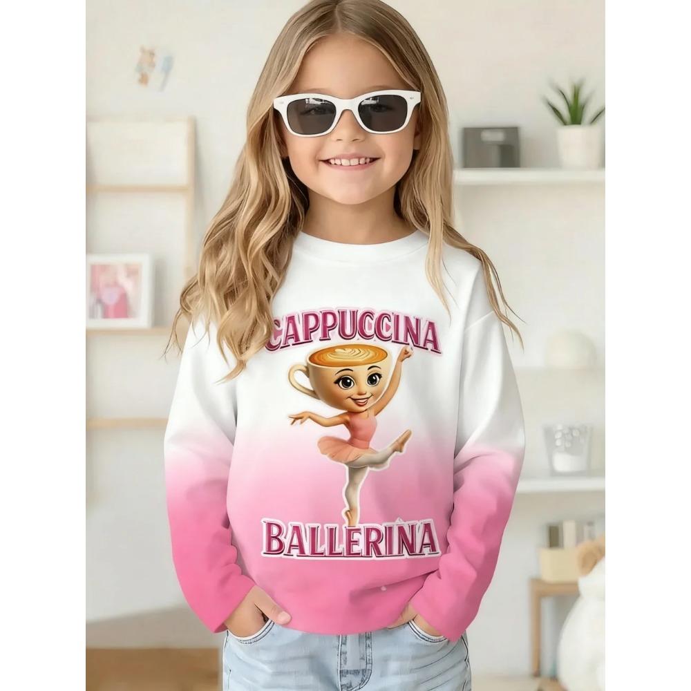 

Весенне-осенние футболки с круглым вырезом и 3D-принтом «Капуччино-балерина», модные повседневные детские футболки с длинным рукавом для девочек 130