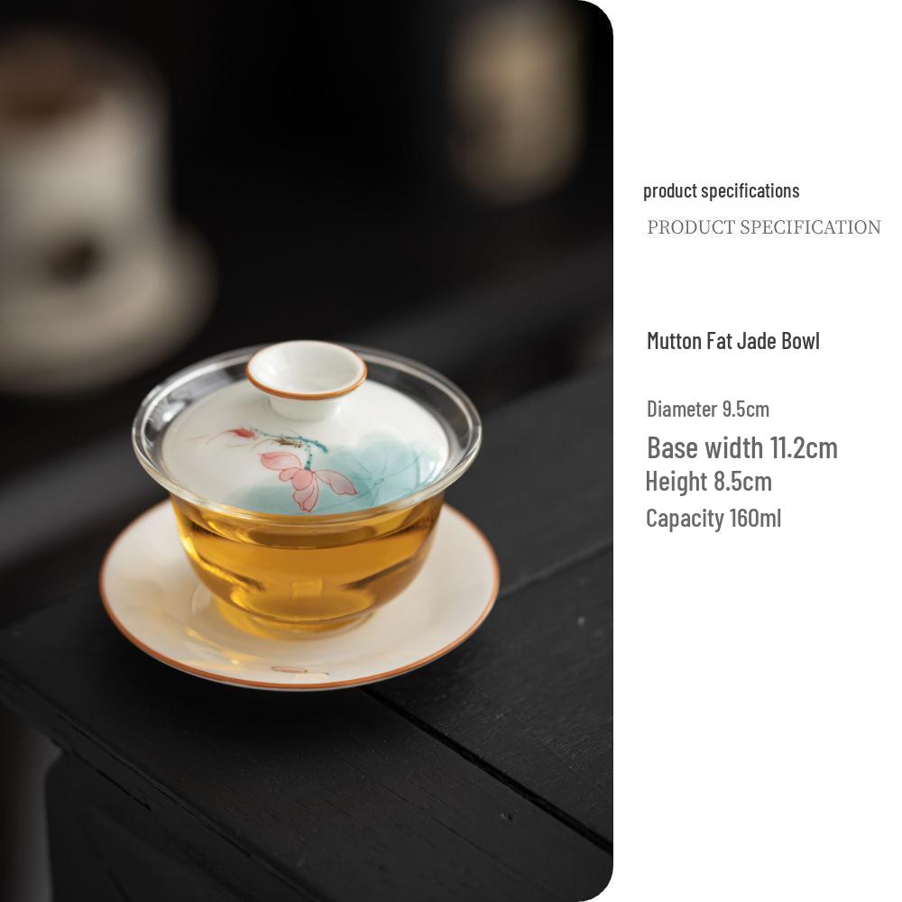 Chinese Hand-Painted Gaiwan Tea Set with Borosilicate Glass and Mutton Fat Jade White Porcelain