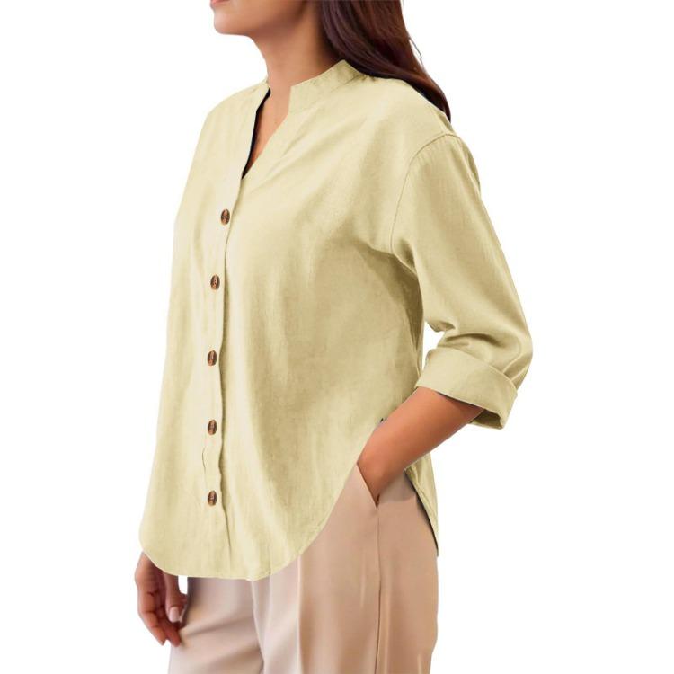 Lightweight Casual Blouse Loose Fit Button Down Shirt Long Sleeve Stand Collar Everyday Wear Relaxed Fit Women