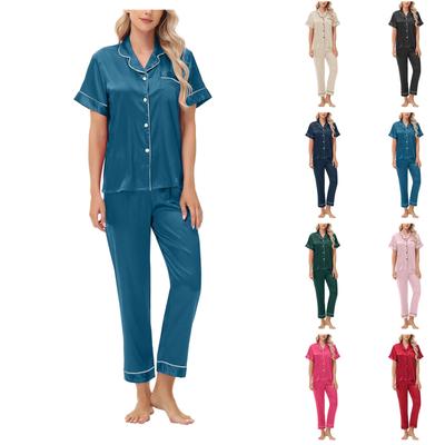 Amazon Independent Station Ice Silk Pajamas Satin Set Short Sleeve Long Pants Large Size Women'S Loungewear