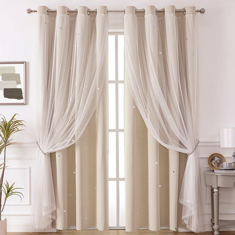 Lace Blackout Curtains Double Layer with Sheer Star Pattern Embroidery Thermal Insulated Curtain Princess Curtain Luxury Double Layer Curtains