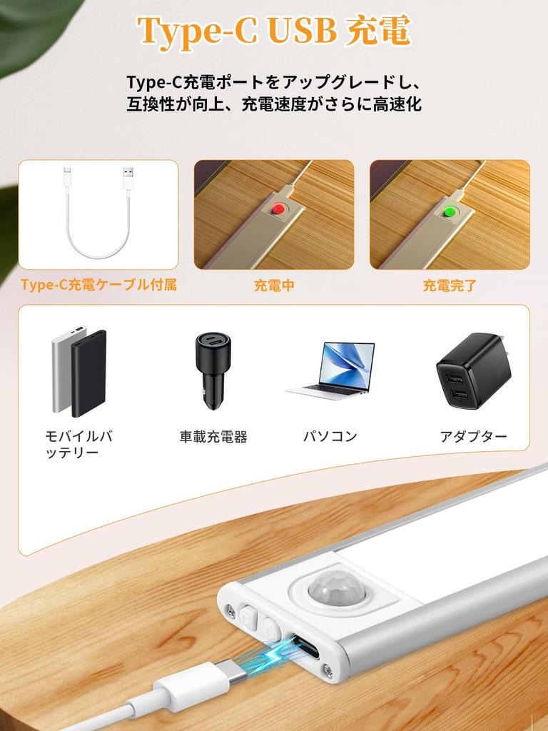 CHAMCHOI Motion Sensor Light, Indoor, Rechargeable, 30cm, Magnetic, No Installation Required, Closet Lighting, LED Bar Light