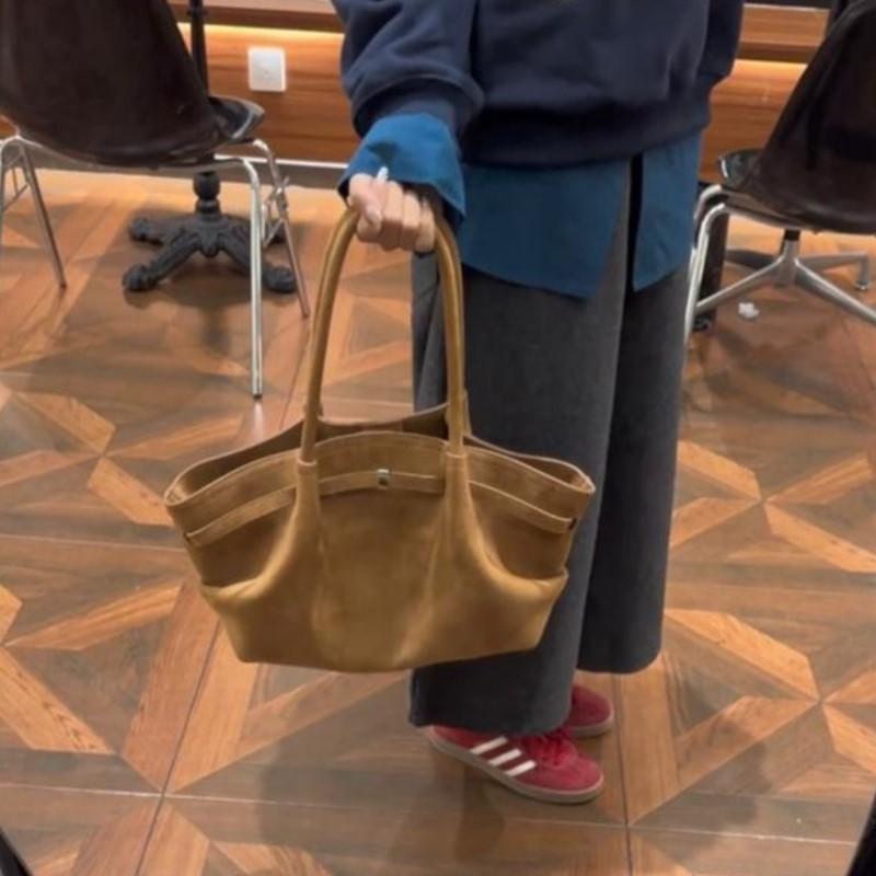JIAERDI Retro Wildlederimitat Matt Große Tragetasche Damen Rüschen Große Kapazität Umhängetasche Damen Lässig Premium Pendler Handtasche 2025 Neu
