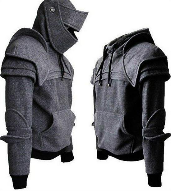 Men's Halloween Knight Hoodie with Mask, Elbow Pads, Drawstring, and Kangaroo Pocket - Solid Color Cosplay Costume