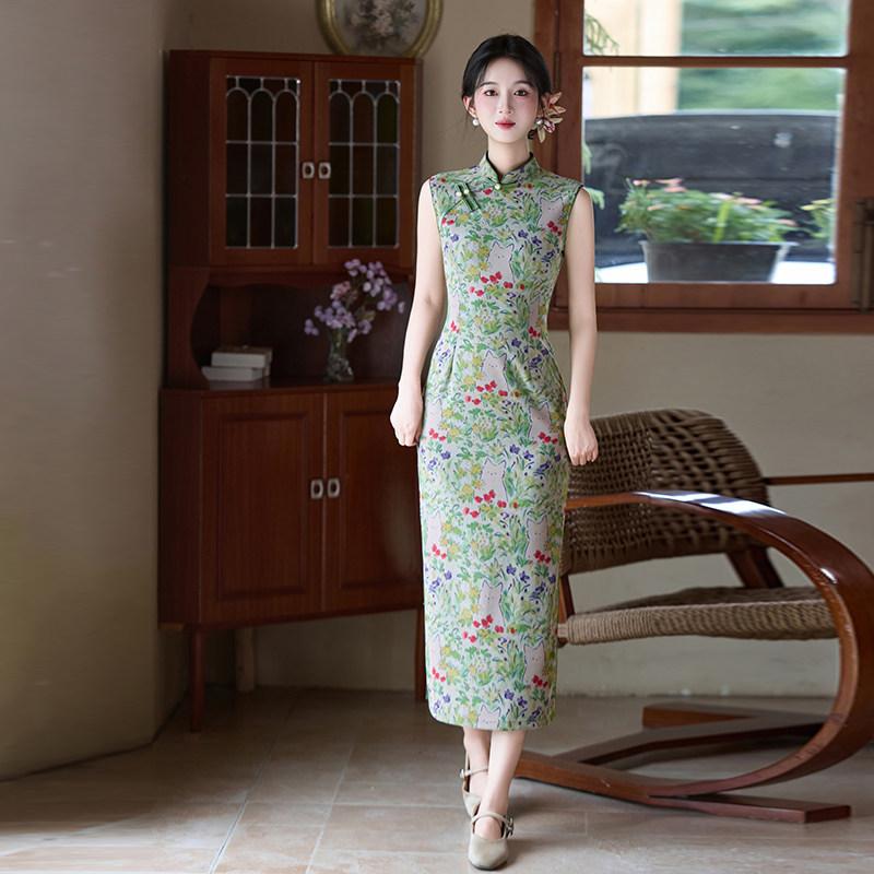 Green sleeveless national style new Chinese daily Suzhou long cheongsam improved young 1011 new women's high sense