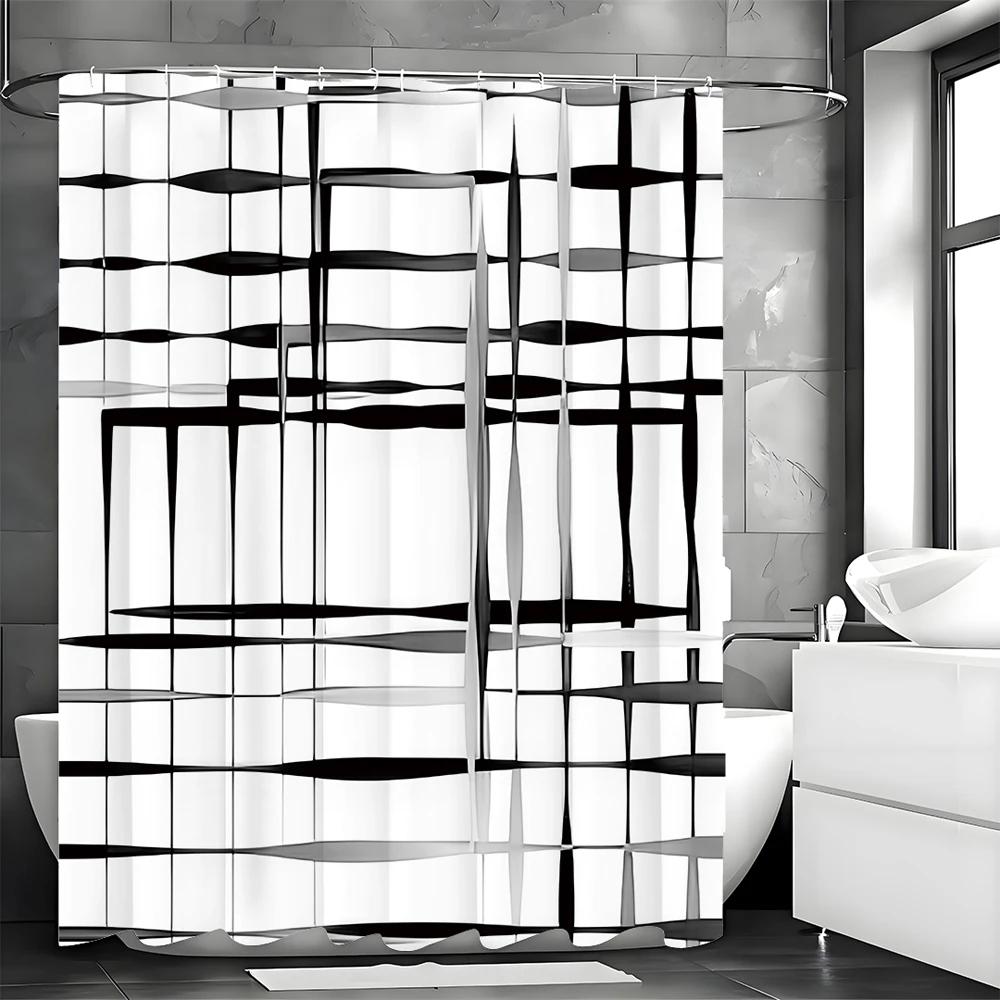 Modern Geometric Line Abstract Minimalist Shower Curtain, Bathroom Decorative Shower Curtain, Waterproof Shower Curtain with Hoo