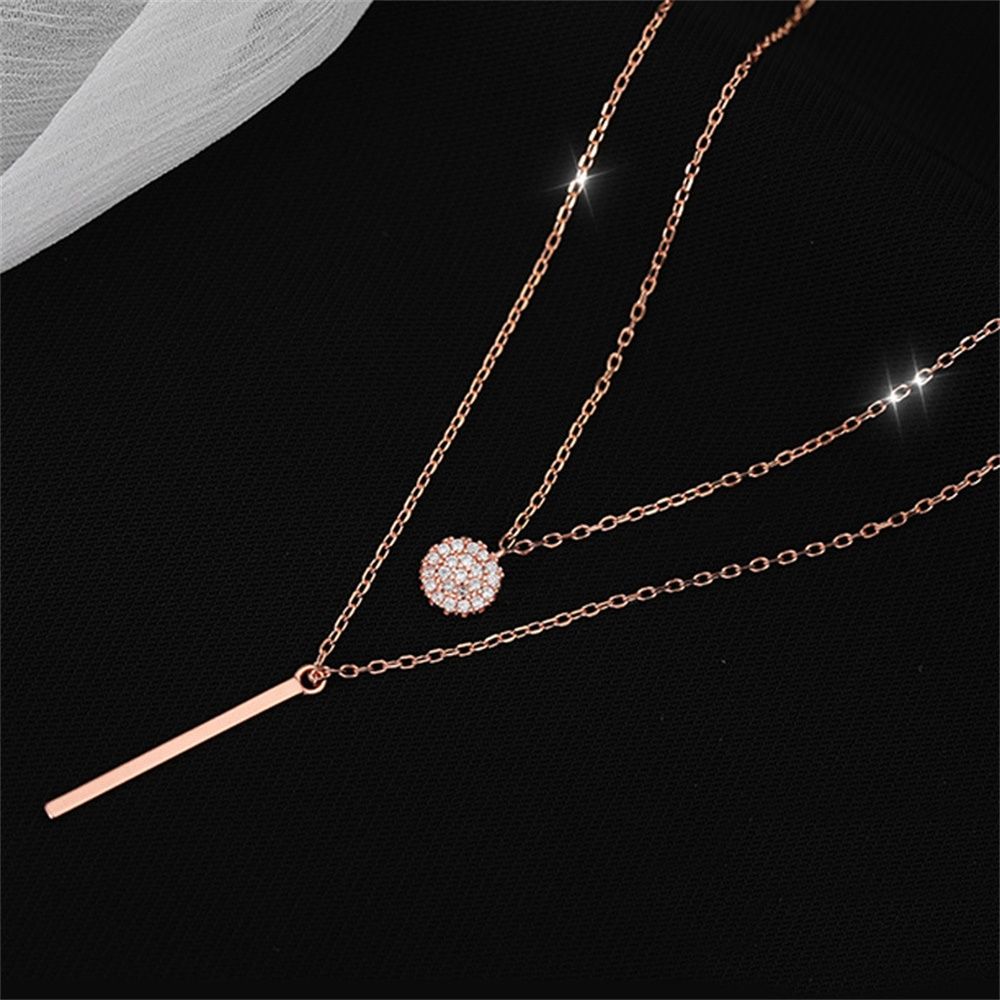 Full Zircon Round Shiny Long Pendant 925 Sterling Silver Double Layer Necklace Clavicle Chain