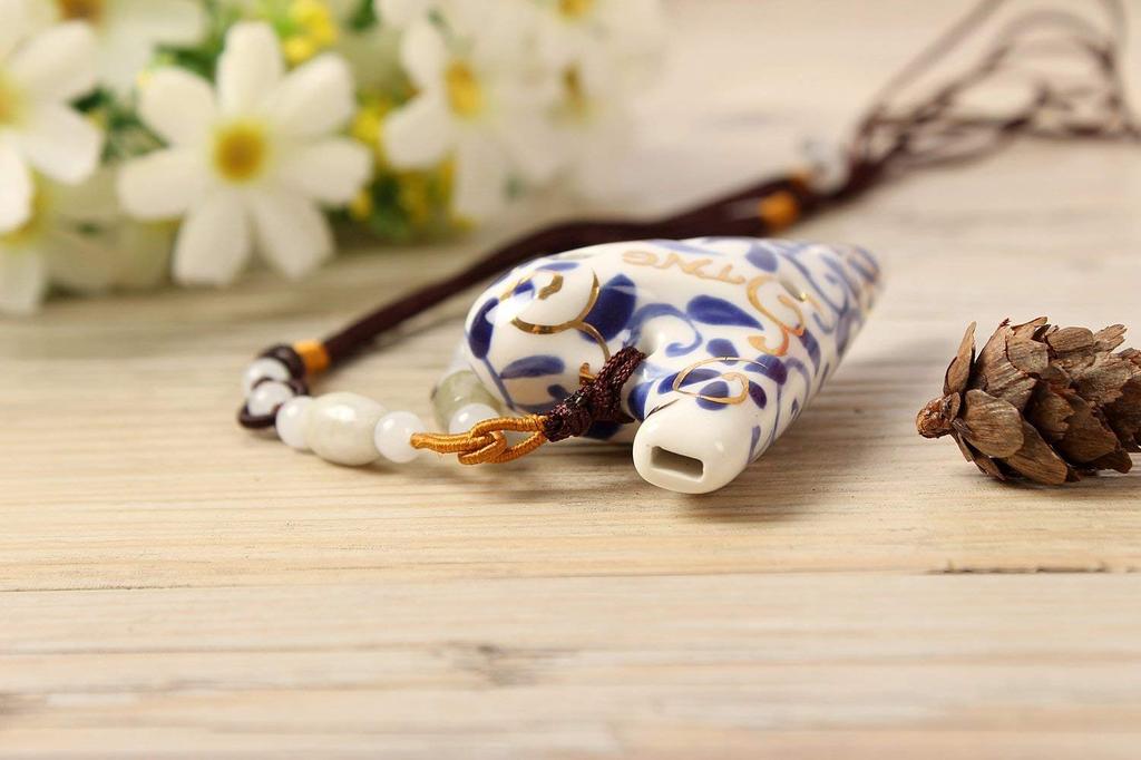 TNG Mini Ocarina 6 Holes Gun Luxury Necklace Single F Key Ocarina Wind Instrument Blue Flower Porcelain [Pendant / / Type]
