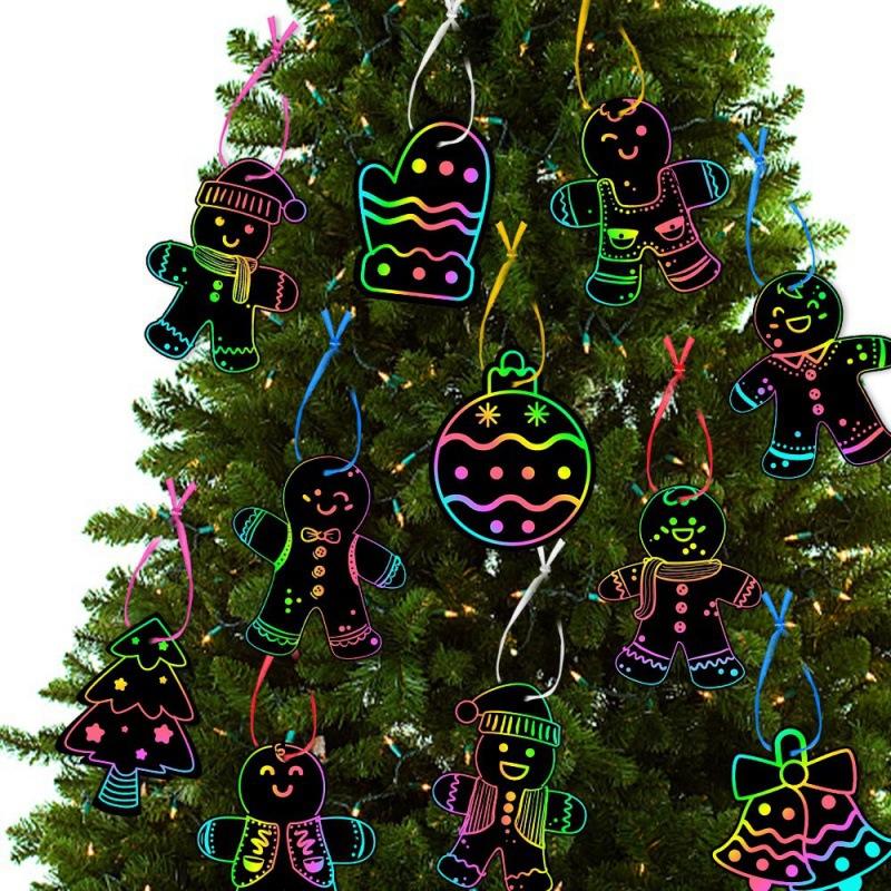 12/24/36Pcs Christmas Scratching Card DIY Art Painting Graffiti Art Christmas Tree Decoration Xmas Children Gift Festival Home Decor