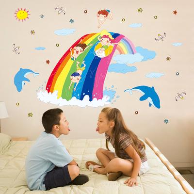 Regenbogen Meereswellen Cartoon Wandaufkleber Wasserdicht Umweltfreundlich PVC Aufkleber für Kinderzimmer Schlafzimmer Wanddekoration