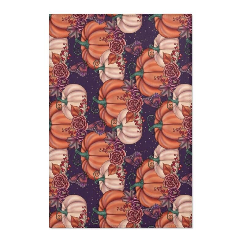 Dark Fall Pumpkin Rug Purple Orange Pumpkin Living Room Rug, Autumn Floral Rug For Thanksgiving