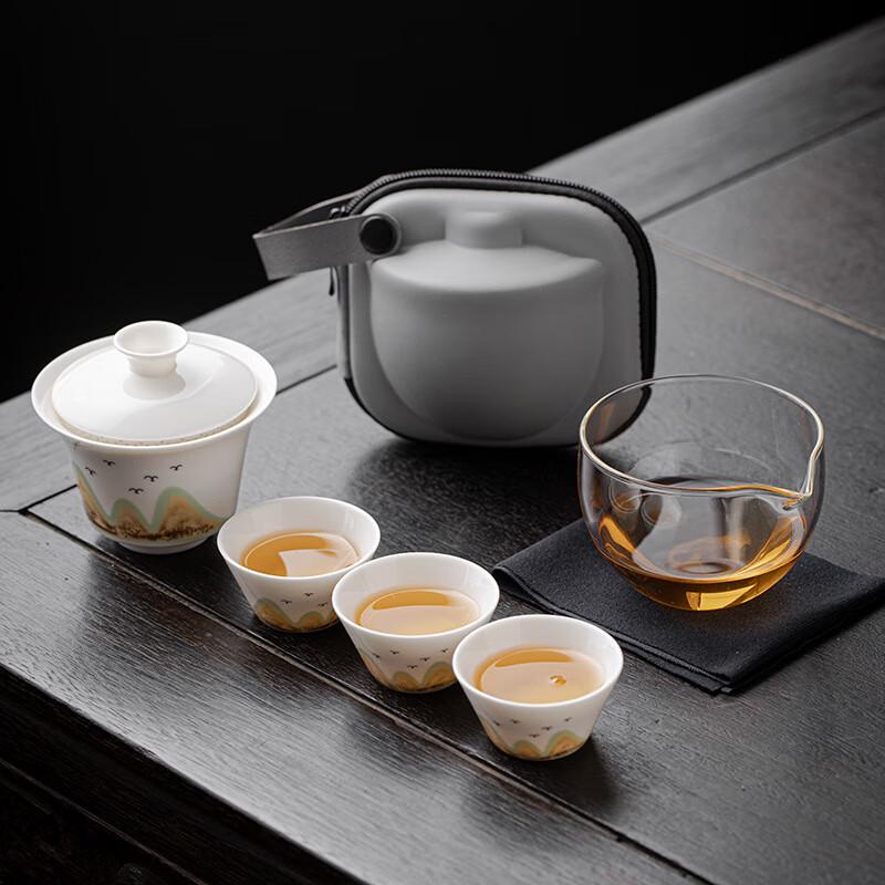 Janla Portable Mutton-Fat Jade Porcelain Gaiwan Tea Set