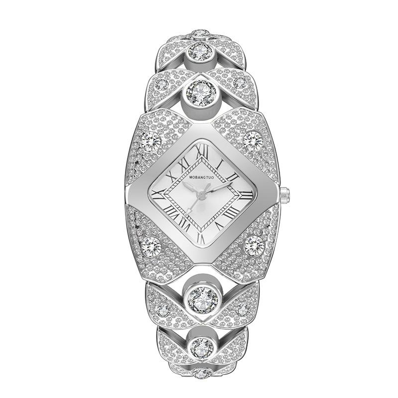 Light Luxury Xiaohongshu Niche Women'S Watch Retro Diamond-Encrusted Bracelet High-End Full Bracelet Diamond Ribbed Square Quartz Watch