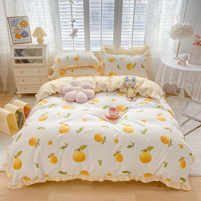Korean Style Bed Skirt Four-piece Set Pure Cotton Edge Bed Sheet Thickened Plant Cashmere Brushed Skin-friendly Bedding