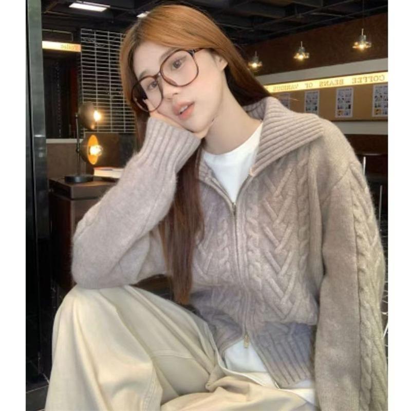 Autumn Winter Twist Zipper Cardigan Women Sweater Jacket Fashion Loose Casual Thickened Knitted Coats Lapel Solid Color Long Sleeve Elegant Clothing