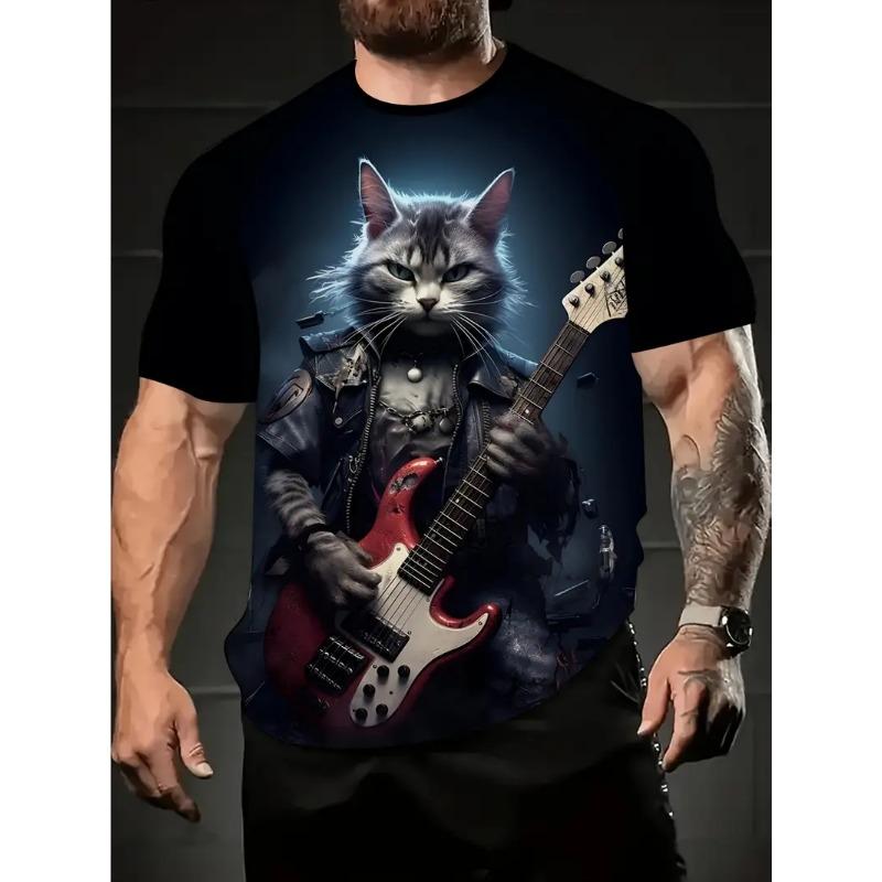 Summer Men's Breathable Outdoor T-shirt Short Sleeve Cartoon Cat Printed Pattern Large Size Loose Men's T-shirt Casual Classic