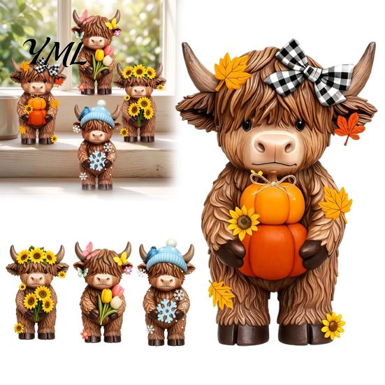 Highland Cow Figurine 4 Pcs Seasonal Figurines, Spring Summer Fall Winter Miniature Farm Decor Seasons Scottish Statue, Resin Table Centerpiece