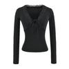 V-neck lace-up long-sleeved T-shirt women's summer new American Spice Girl style solid color lace splicing bottoming shirt top
