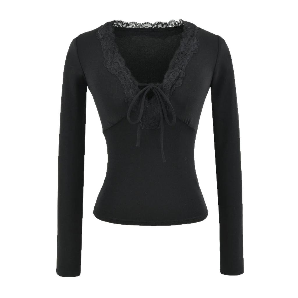 V-neck lace-up long-sleeved T-shirt women's summer new American Spice Girl style solid color lace splicing bottoming shirt top