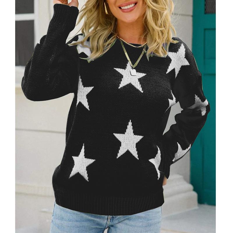 Dunhuang Women's Knit Sweater - Star Pattern, Round Neck, Long Sleeve, Casual Loose Fit.