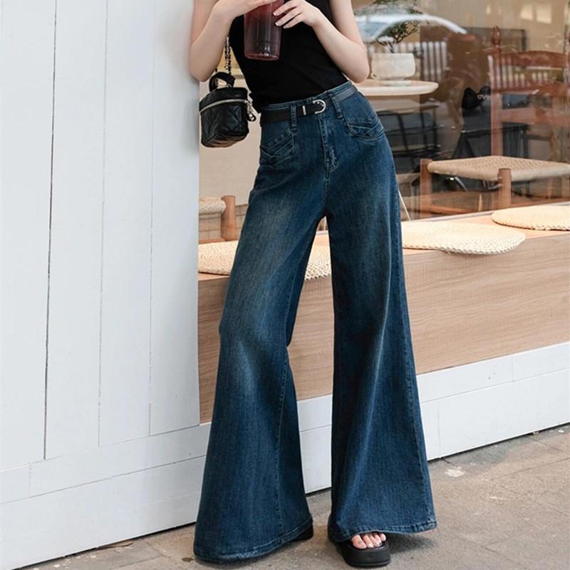 

Women s Petite Retro Dark Blue Wide-Leg Flared Jeans for Autumn/Spring 2XL синий