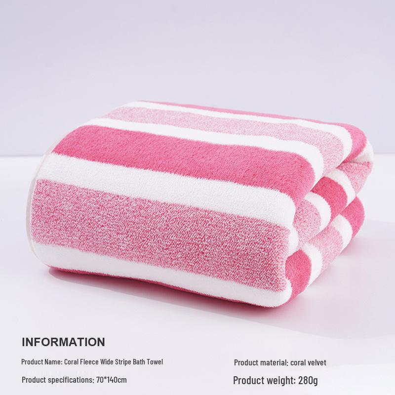 Temu Coral Fleece Quick-Drying Absorbent Bath Towel - Thick, Soft & Comfortable Striped Towel for Men & Women