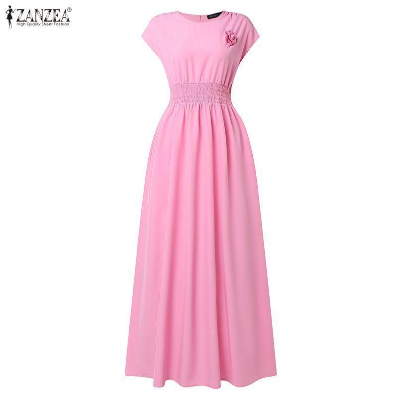 ZANZEA Women Casual Round Neck Summer Short Sleeve Long Dress