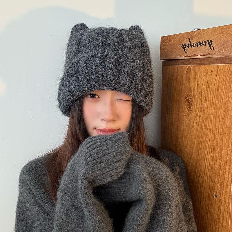 Cute Cat Ear Wool Hat for Women: Stylish Autumn/Winter Ear Protection, Personality Show, Warm Knitted Skullcap