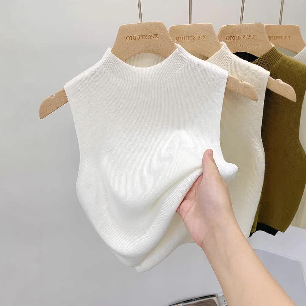Semi-turtleneck Knitted Suspender Small Vest Women's Early Autumn Spring Suit with Bottoming Shirt Inside, Sleeveless Outer Wear Short Sweater Winter
