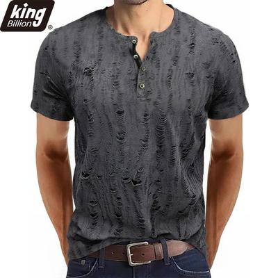 Men's Short-sleeved T-shirt Broken Holes Retro Men's Fashion Henley Shirt Men's Casual Fashion Tops Slim Fit