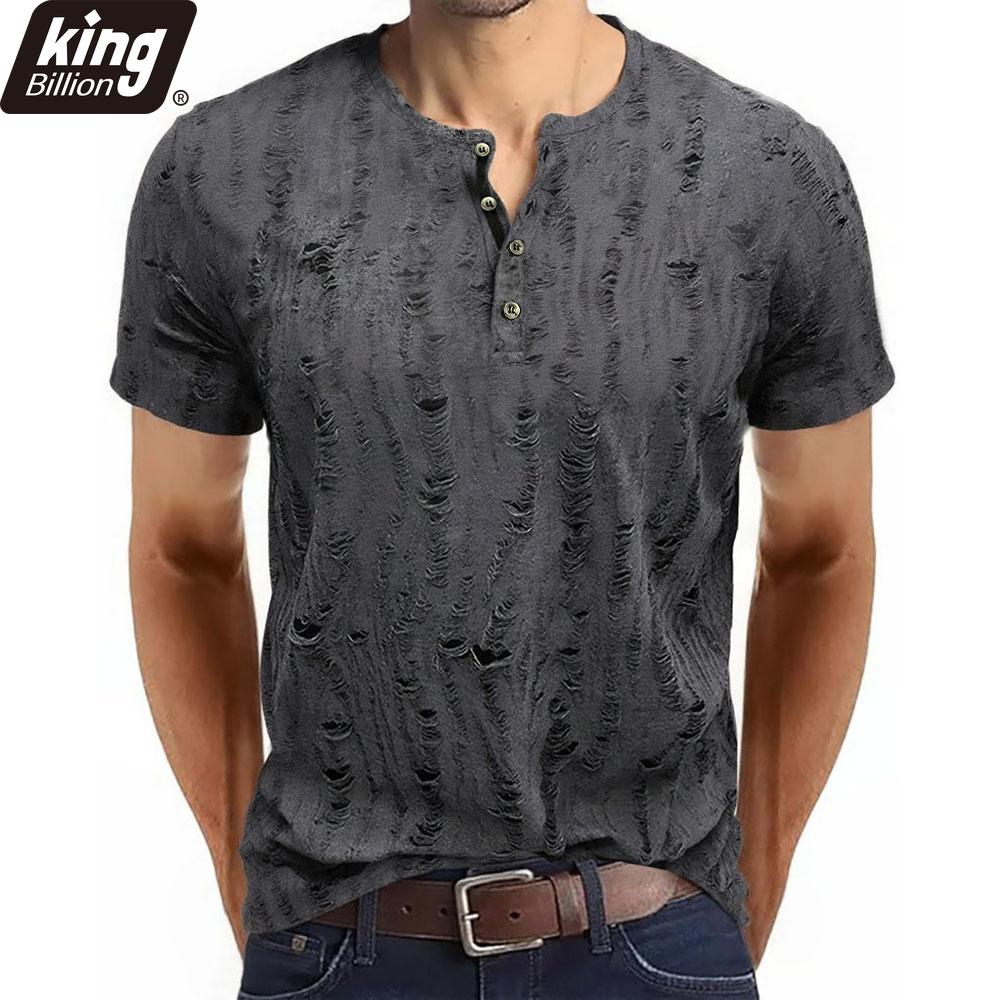 Men's Short-sleeved T-shirt Broken Holes Retro Men's Fashion Henley Shirt Men's Casual Fashion Tops Slim Fit