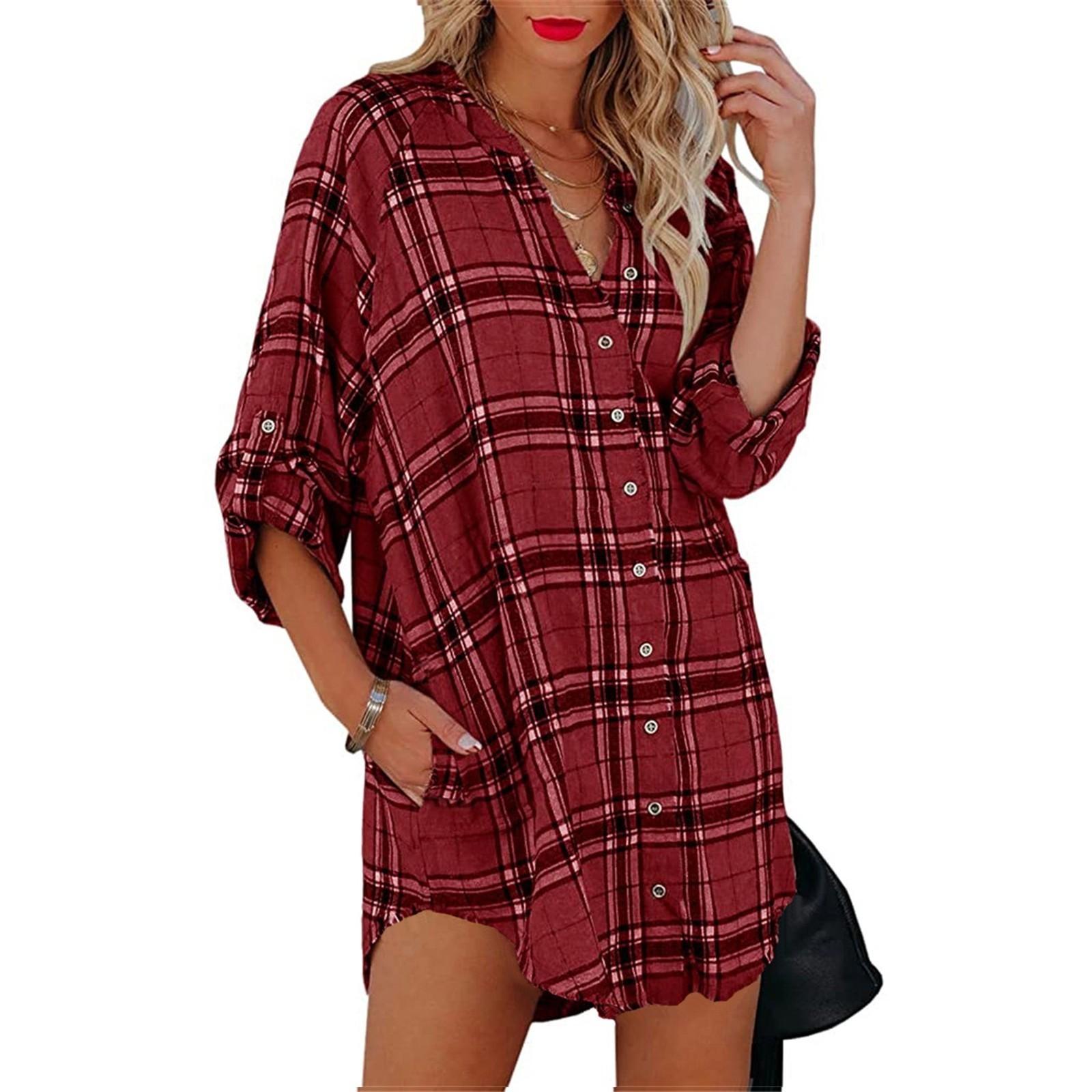 Fashion Womens Loose Shirt Plaid Print V-neck Long Sleeve Pocket Top Dress L винный