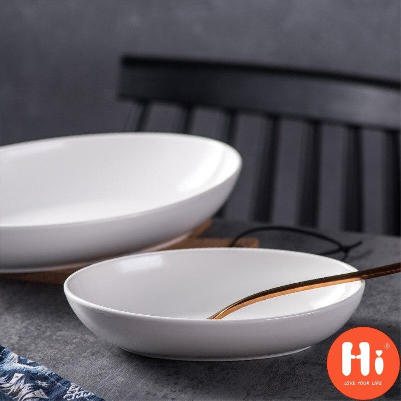 Hi Oval White Porcelain Tableware Ceramic Home Hotel Deep Soup Plate Cuisine Steamed Fish Plate Salad Dishes