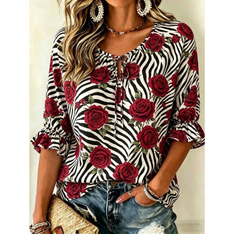 Women's Leopard Print & Orange Floral Tie Front Blouse, Casual Loose Top for Spring Summer Daily Wear