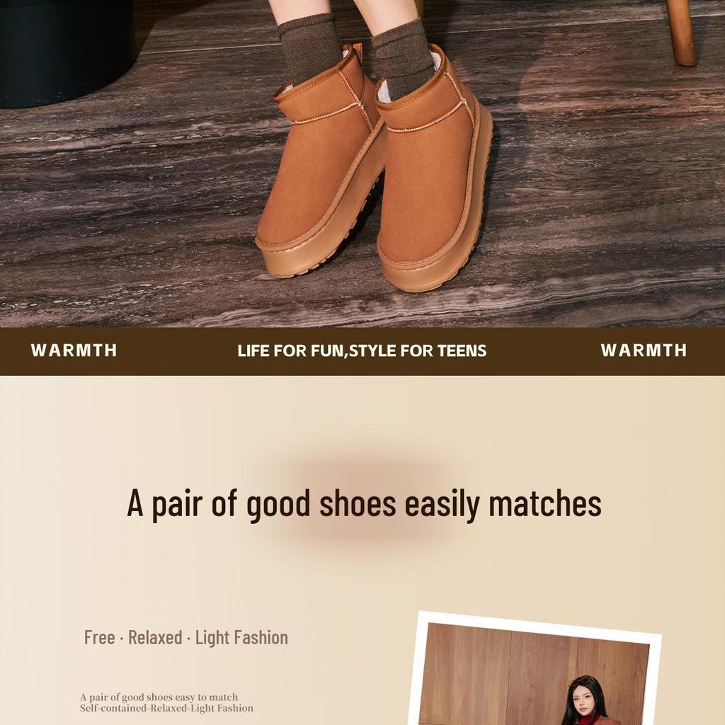 2026 Women's Winter Snow Boots: Non-Slip, Warm, Leather & Fur-Integrated, Thick Sole, Plus Velvet, Short Northeast Wool Slippers.
