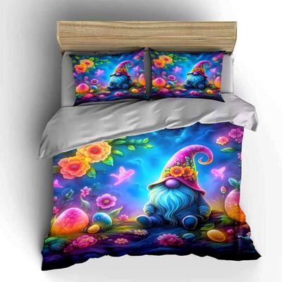 Colorful Gnome Floral Bedding Set Bedding Duvet Cover Set Duvet Cover Pillowcases (1 * Duvet Cover 2 * Pillowcases, Without Duvet Insert)