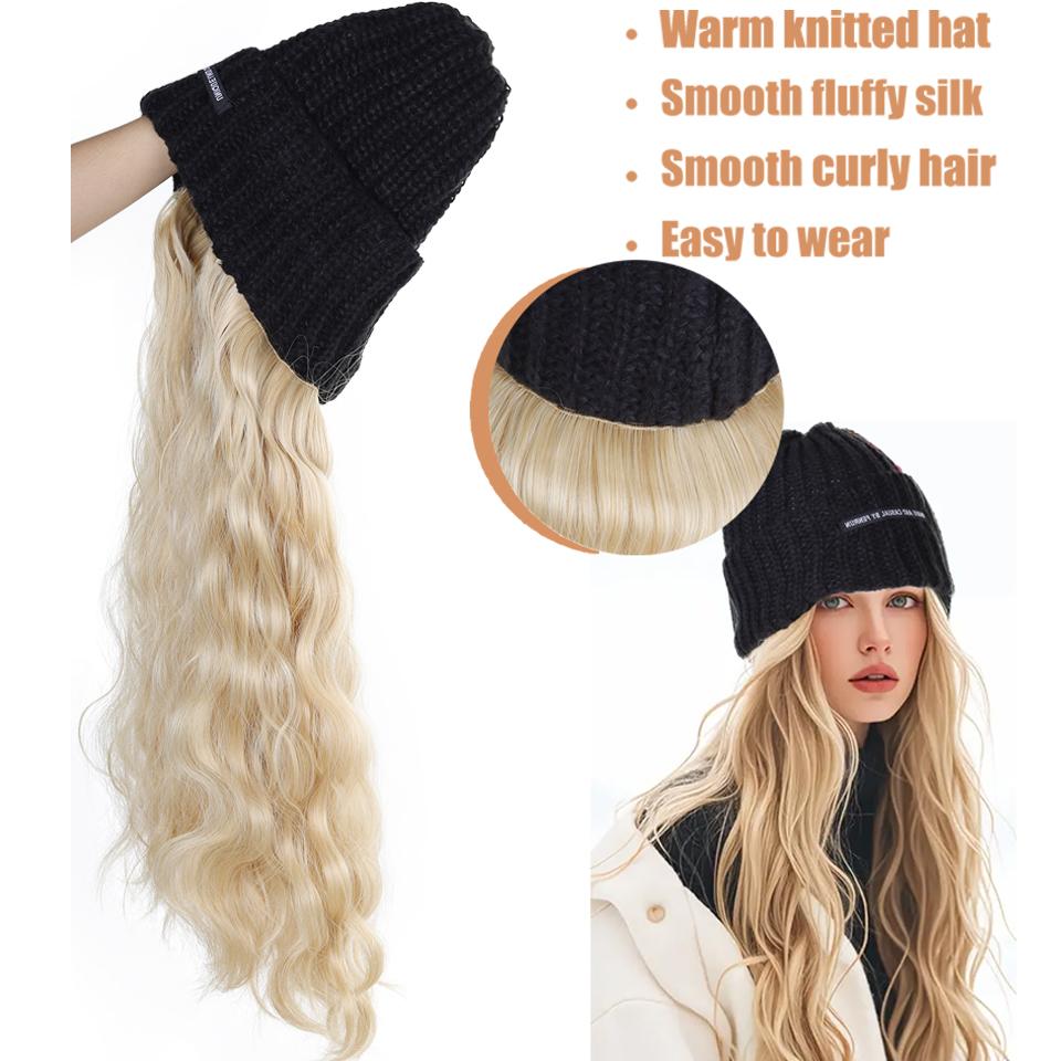 Synthetic Wig Hat Wig Warm Knitted Hat with Water Ripple Curls Women's Hat Wig Suitable for Daily Wear in Winter and Autumn