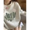 Women's Fleece-Lined Sweatshirt: Cartoon Cat, White & Gray, Long Sleeve, Round Neck, Autumn/Winter 2025 Style