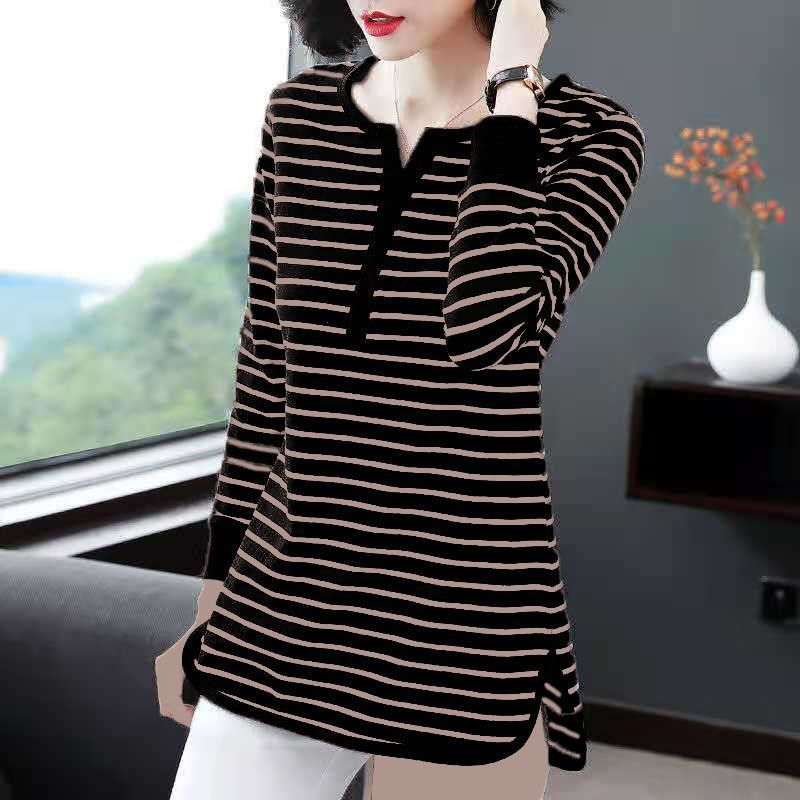 Women's Round Neck Long-sleeved T-shirt Women's Mid-length V-neck Loose Bottoming Shirt